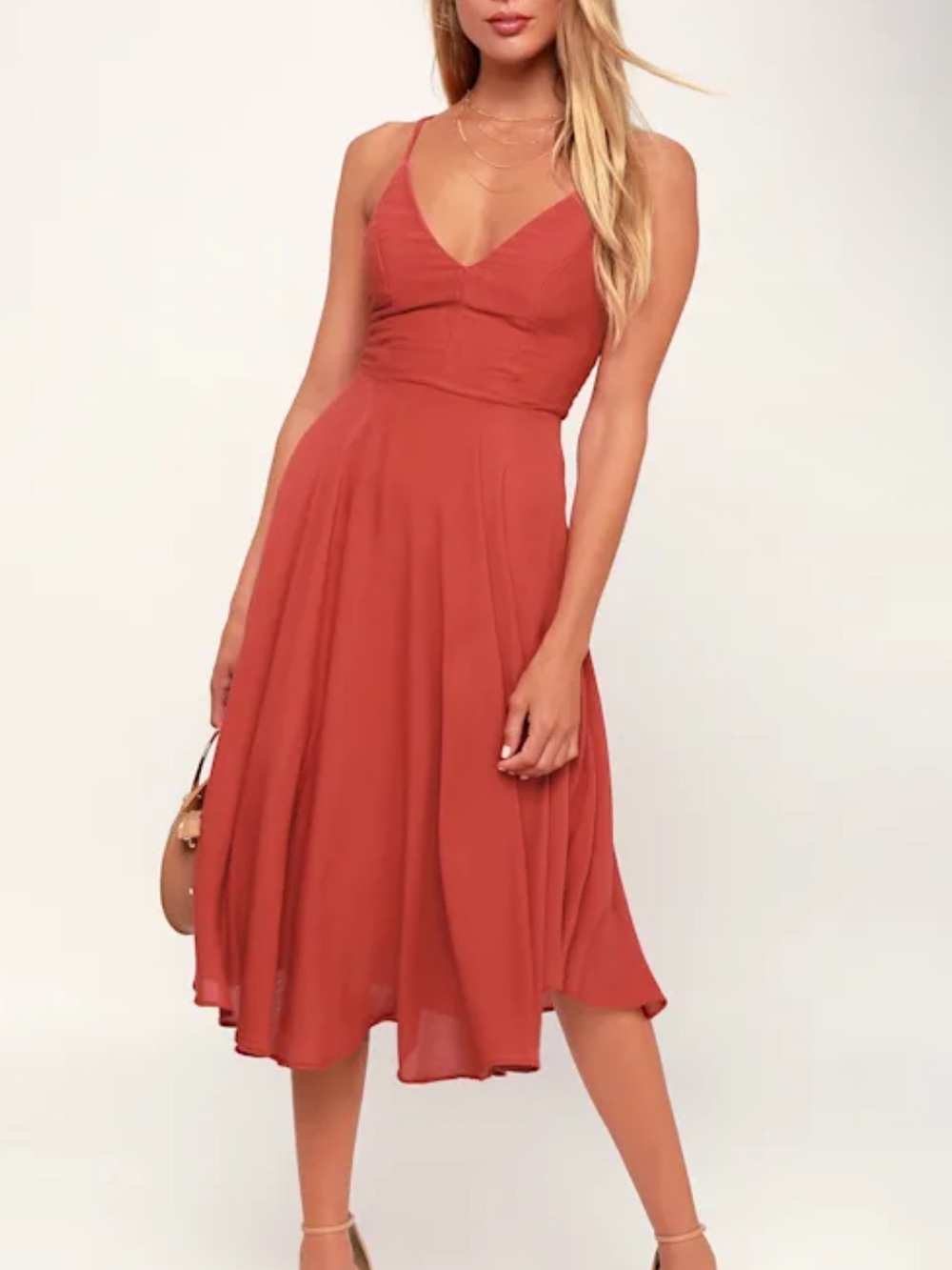 Lulu's Rust Strappy V-Neck Midi Dress